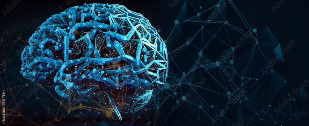 Poster abstract image of a human brine . low poly wire frame blue generative ai