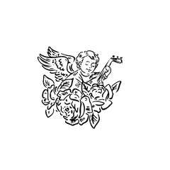 angel, wings, music, flowers art hand draw