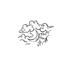 clouds, month, stars art hand draw