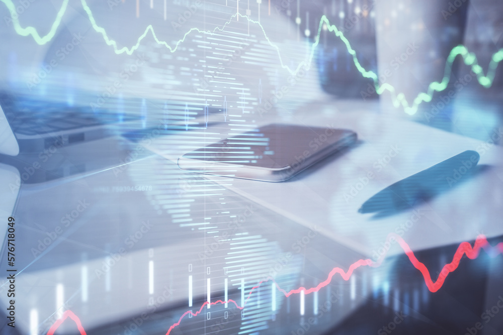 Aufkleber double exposure of forex graph drawing and cell phone background. concept of financial data analysis