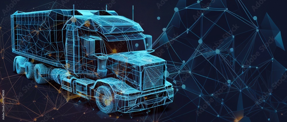 Poster fast delivery truck icon form lines and triangles, point connect generative ai