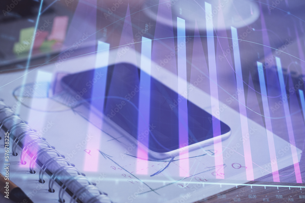 Poster double exposure of forex chart drawing and cell phone background. concept of financial data analysis