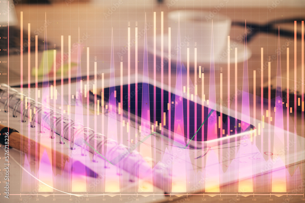 Poster double exposure of forex chart drawing and cell phone background. concept of financial data analysis