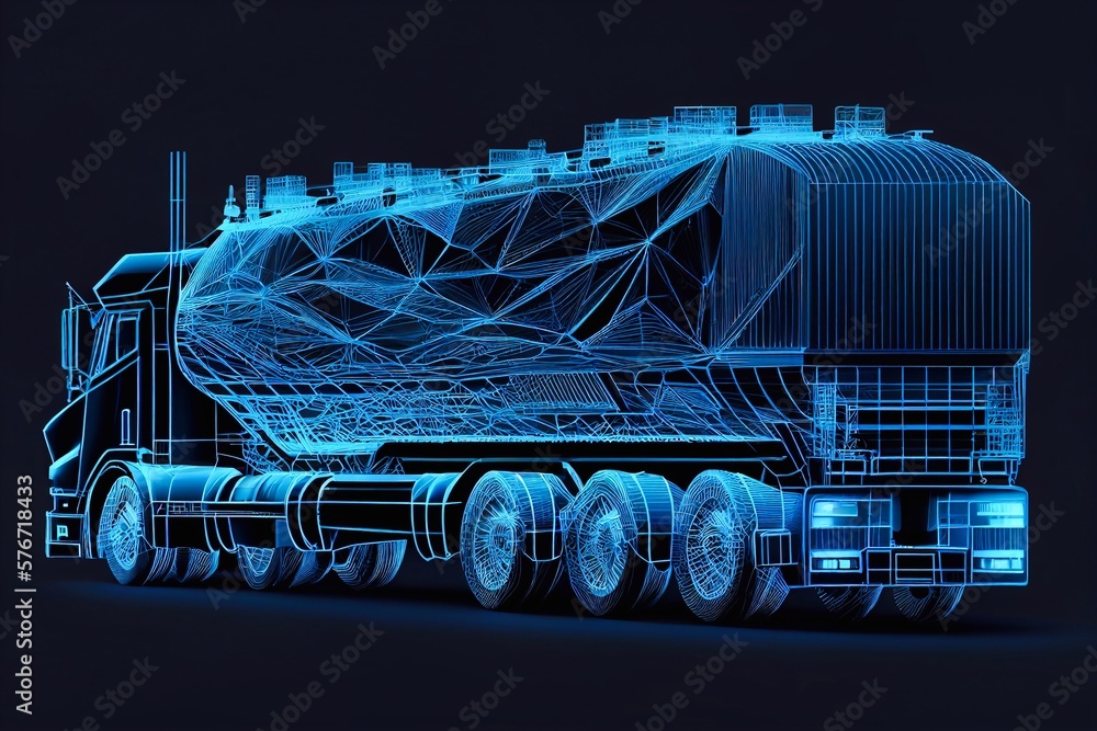 Poster fast delivery truck icon form lines and triangles, point connect generative ai