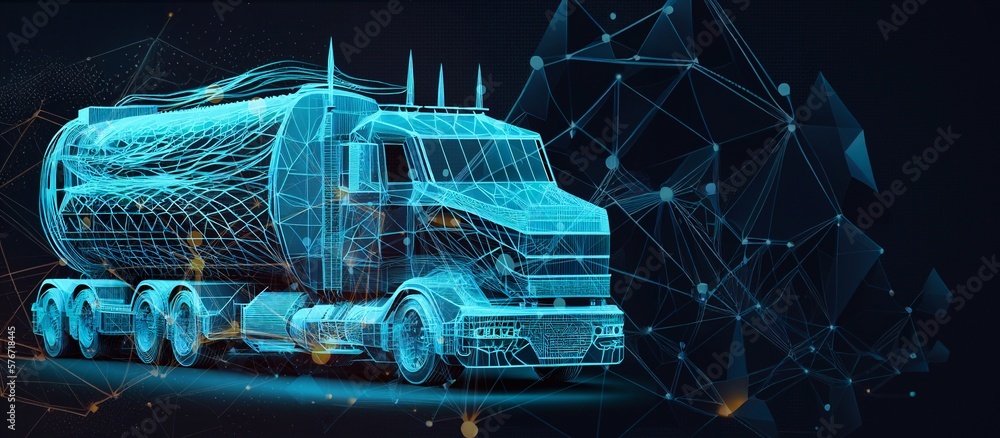 Poster fast delivery truck icon form lines and triangles, point connect generative ai