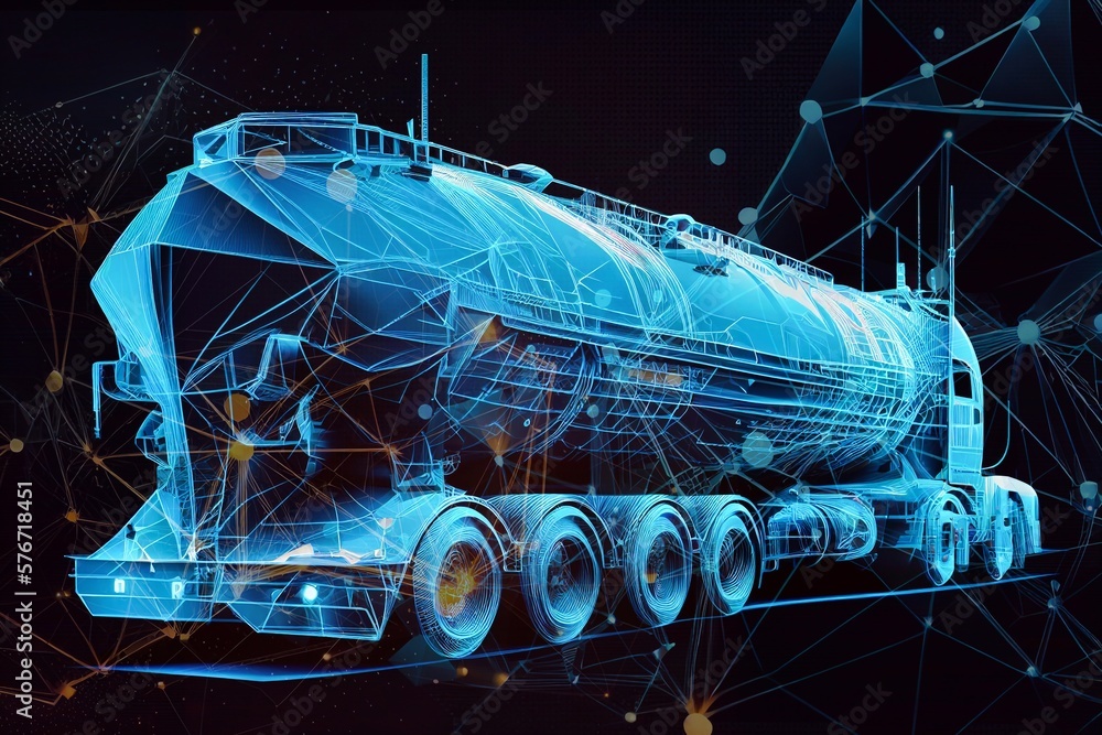 Poster fast delivery truck icon form lines and triangles, point connect generative ai