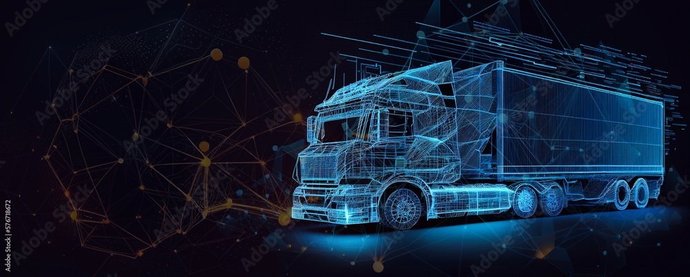 Poster fast delivery truck icon form lines and triangles, point connect generative ai