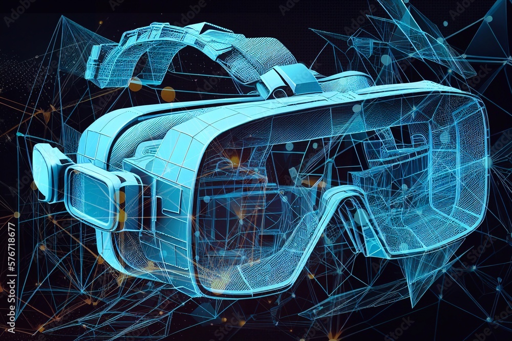 Poster virtual reality glasses technology with glowing wireframe lines generative ai