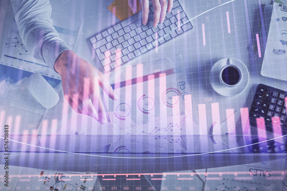 Poster Multi exposure of man's hands typing over computer keyboard and forex graph hologram drawing. Top view. Financial markets concept.