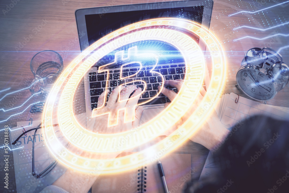 Aufkleber Double exposure of man's hands typing over computer keyboard and crypto currency theme hologram drawing. Top view. Blockchain concept.