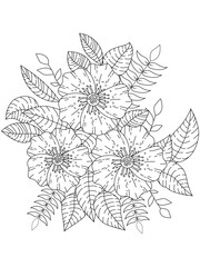 Flower coloring book page for adult and kids. Cute doodle composition with abstract flowers and leaves.