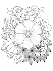 Flower coloring book page for adult and kids. Cute doodle composition with abstract flowers and leaves.