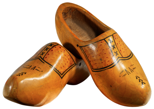 Close-up of a pair of wooden clogs made in Netherlands, isolated on white or transparent background, png, photography.