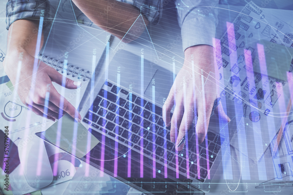 Poster double exposure of man and woman working together and forex graph hologram drawing. financial analys
