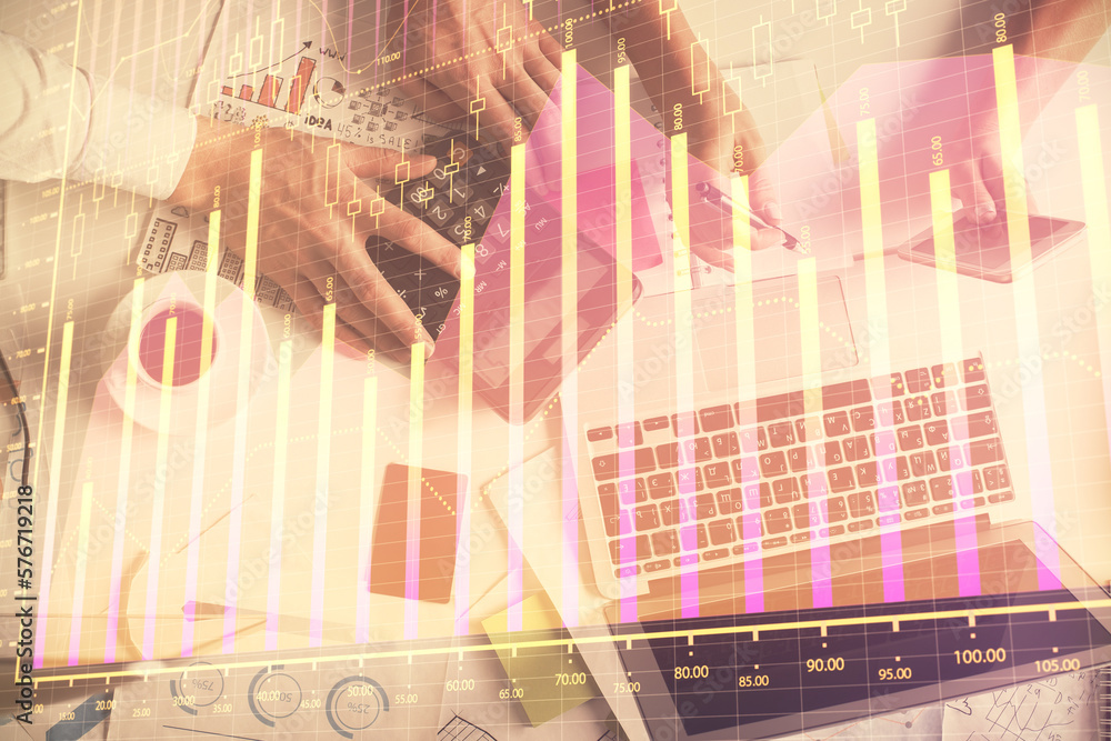 Aufkleber double exposure of man and woman working together and financial chart hologram drawing. market analy