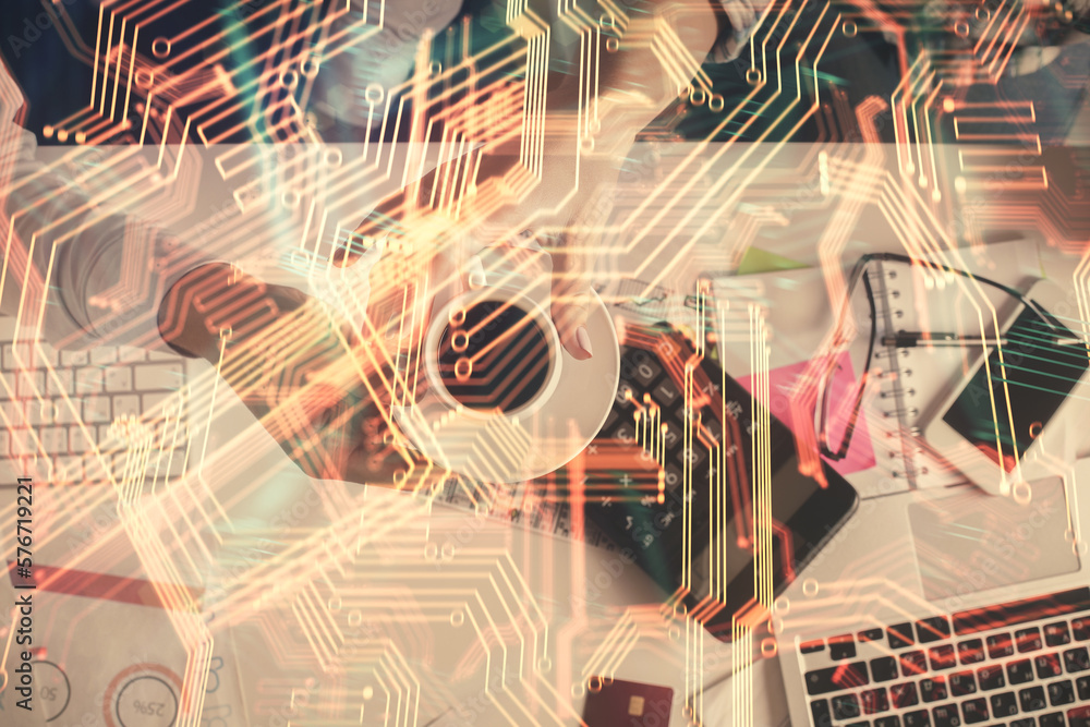 Poster double exposure of man and woman working together and technology theme drawing. computer background.
