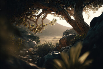 a close up a tree with the mountainous background, naturalism, anamorphic lens flare, depth of field