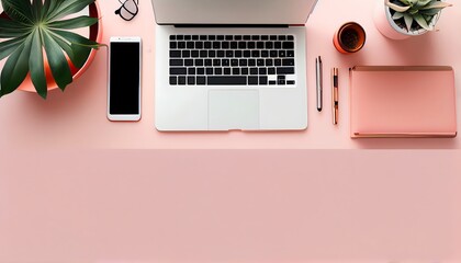 Modern header, top view image or banner with laptop computer, smartphone, air plant, open notebook and feminine accessories on bright blush background, home office scene, flat lay. Generative AI