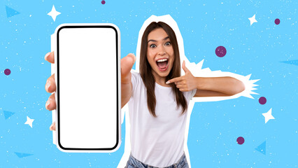 Excited woman showing white empty smartphone screen and pointing, collage