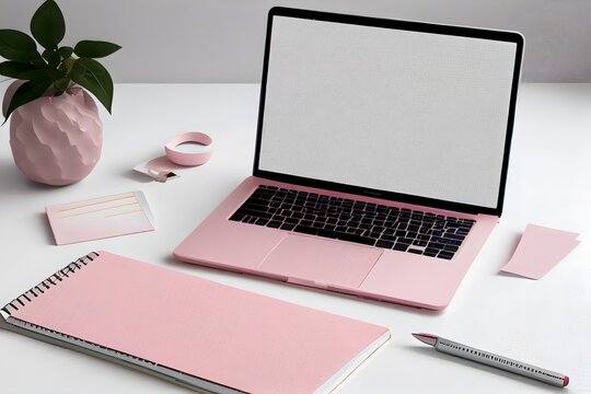 Modern header, top view image or banner with laptop computer, smartphone, air plant, open notebook and feminine accessories on bright blush background, home office scene, flat lay. Generative AI