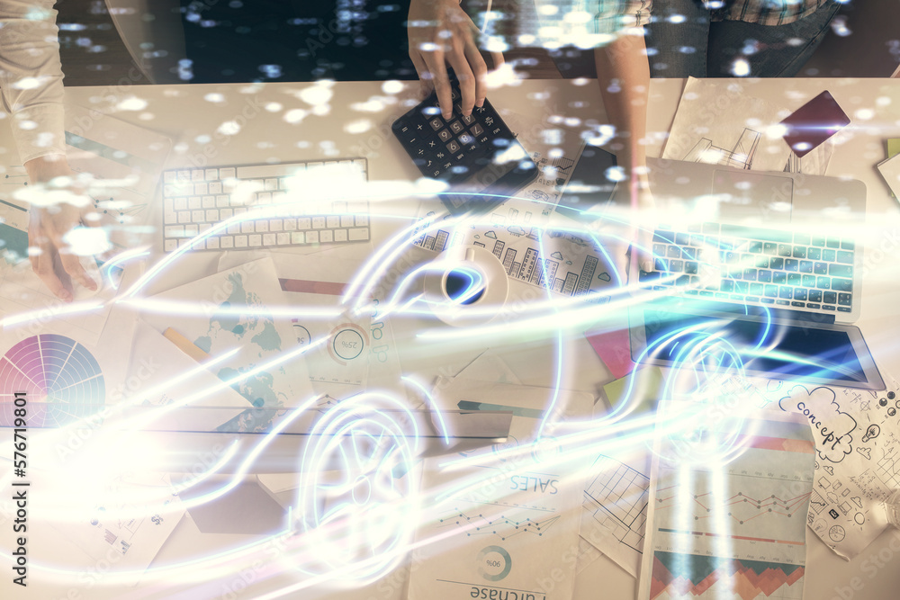 Poster double exposure of man and woman working together and a car hologram drawing. autopilot concept. com