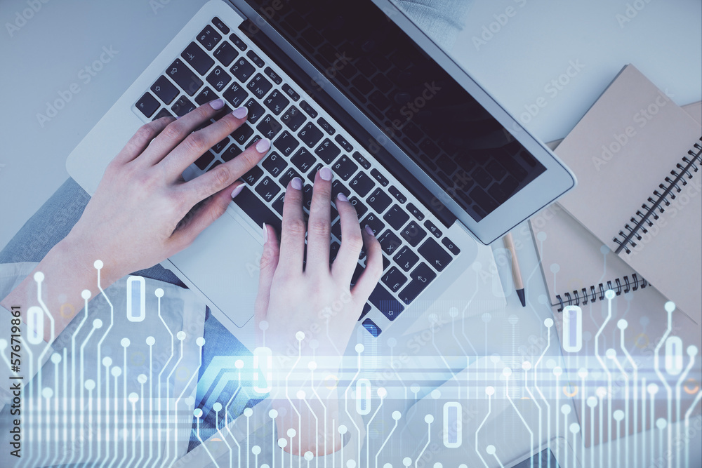 Poster Double exposure of woman hands working on computer and data theme hologram drawing. Top View. Technology concept.