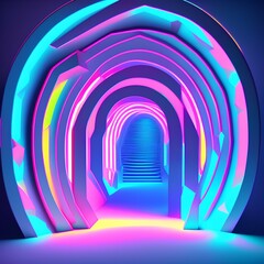 Naklejka premium 3d rendering. Geometric shape in neon light against a dark tunnel. Laser line glow. neon backgrounds - generative ai
