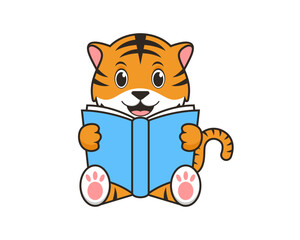 Cute Tiger was reading a book illustration logo