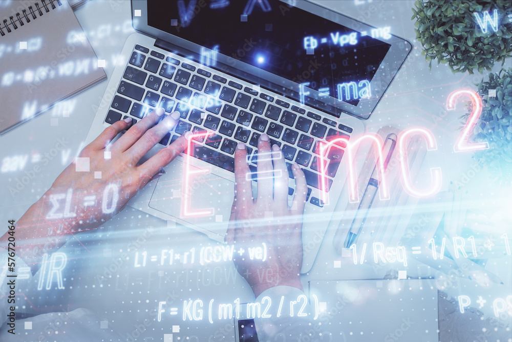 Poster Double exposure of woman hands working on computer and formula hologram drawing. Top View. Science concept.