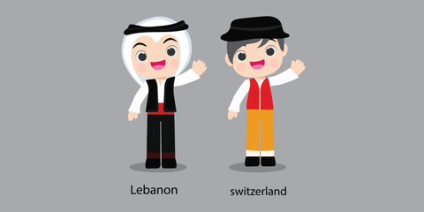 Lebanon in national dress with a flag.  man in traditional costume. Travel to Switzerland. People. Vector flat illustration.