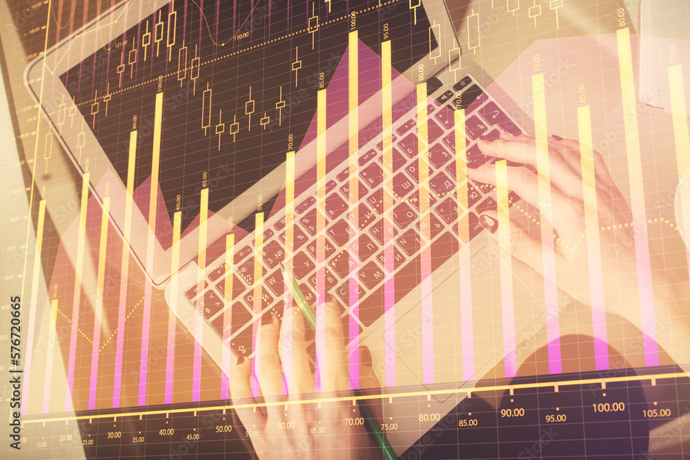 Poster double exposure of woman hands working on computer and forex chart hologram drawing. top view. finan