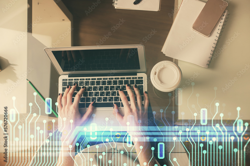 Poster Double exposure of woman hands working on computer and data theme hologram drawing. Top View. Technology concept.