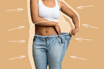 Millennial slim african american lady in big jeans enjoy weight loss result with fat abstract body...