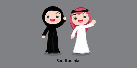 Obraz na płótnie Canvas Saudi Arabia. People in national dress with a flag. Man and woman in traditional costume. Vector flat illustration.