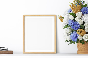 bouquet of flowers and a frame mockup, 3D rendering