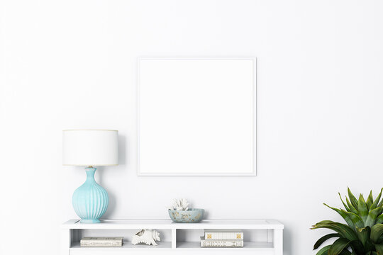 Mockup poster white table with flowers and lamp