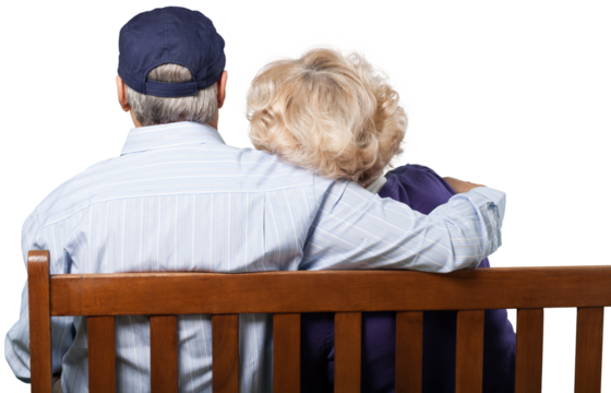 Senior couple sitting on bench isolated on white background - Powered by Adobe