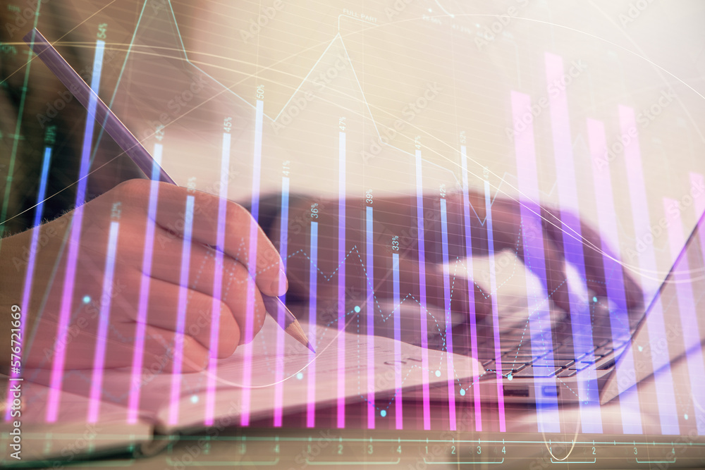 Poster double exposure of businesswoman hands typing on computer and forex chart hologram drawing. financia