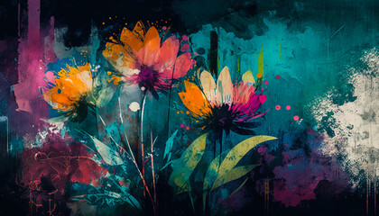 Fototapeta na wymiar Abstract mixed grunge colors and various flowers background painting. Digital painting art style. Digital illustration generative AI.