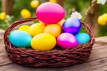 Fototapeta na wymiar basket with Easter eggs. Photo theme - Easter cute bunny fantasy art GENERATIVE AI