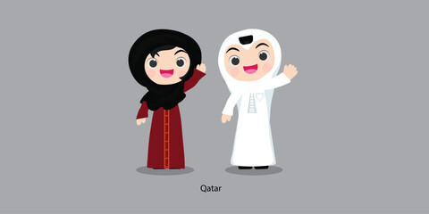 Obraz na płótnie Canvas Qatar. People in national dress with a flag. Man and woman in traditional costume. Vector flat illustration.