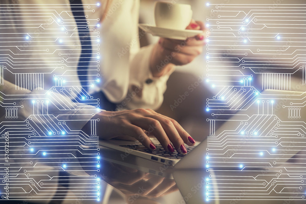 Poster double exposure of woman hands typing on computer and technology theme drawing. high tech concept.