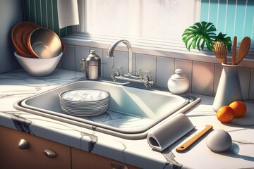This photorealistic kitchen illustration features a white modern granite countertop, a stainless steel sink and faucet, and a stainless steel dish drainer. Overlaying a marble wall with the morning su
