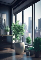 High floor modern interior with big windows city viewing, cozy living room interior with potted green plants, big windows depicting other buildings and skyscrapers. Generative Ai