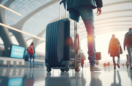 A business traveler walking through the airport departure area with a suitcase, bright sunlight in background. Generative Ai