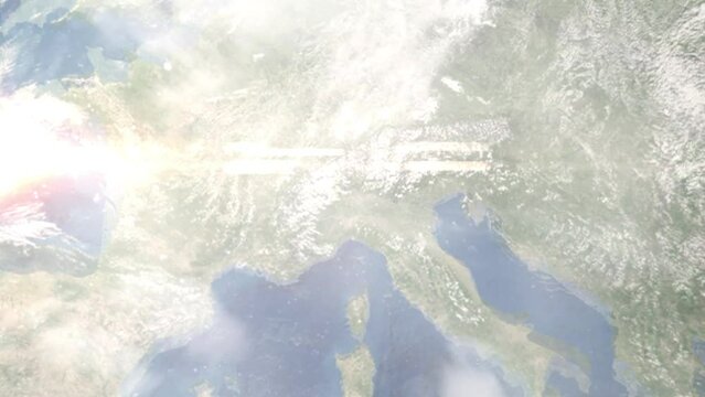 Earth zoom in from outer space to city. Zooming on Legnano, Milan, Italy. The animation continues by zoom out through clouds and atmosphere into space. Images from NASA