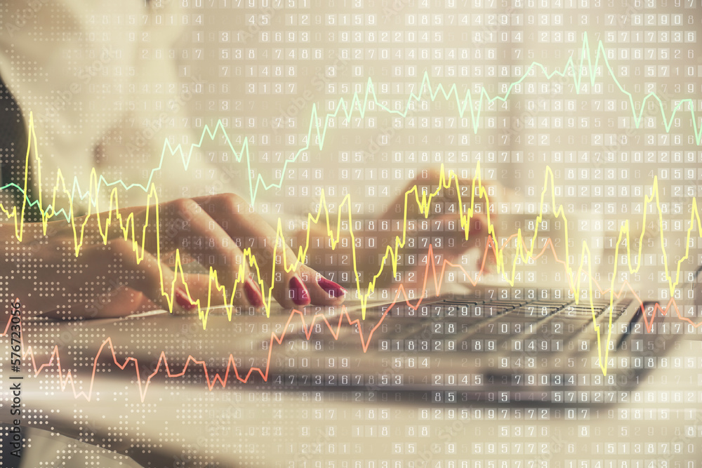 Poster multi exposure of woman hands typing on computer and financial graph hologram drawing. stock market 