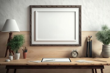 Mockup of a poster frame on a modern, minimalistic table desk, Generative AI