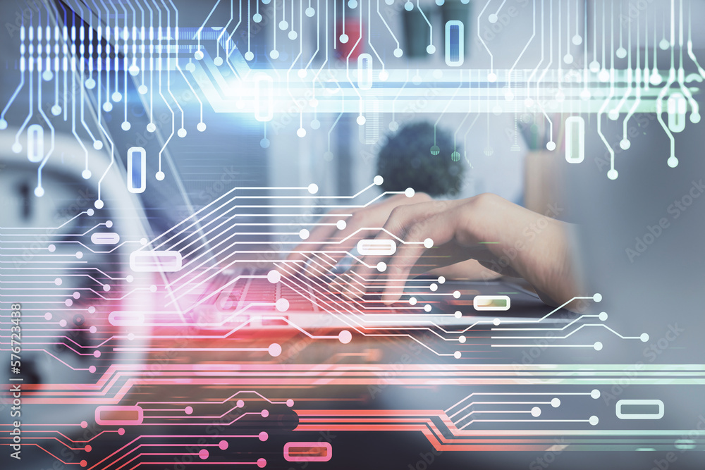 Poster Double exposure of woman hands working on computer and data theme hologram drawing. Tech concept.
