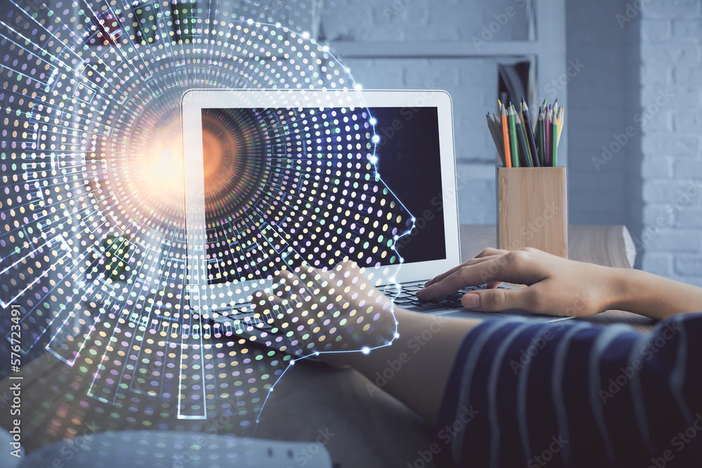 Poster double exposure of woman hands working on computer and brain hologram drawing. ai concept.